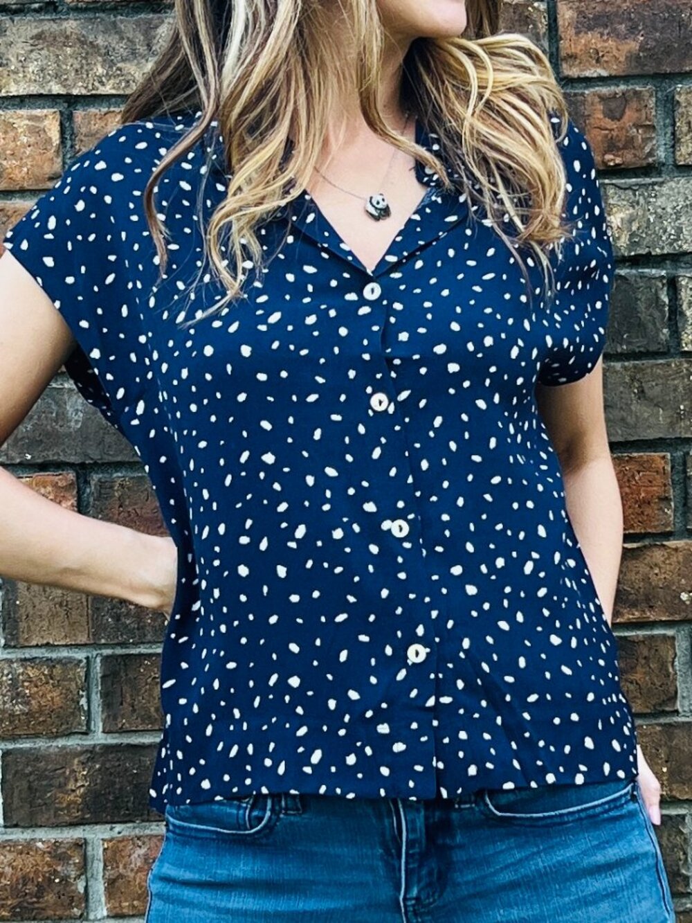 Navy Dot Button Up